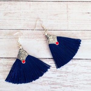 Bohemian Capped Glistening 925 Sterling Silver Navy Blue Tassel Fan Earrings